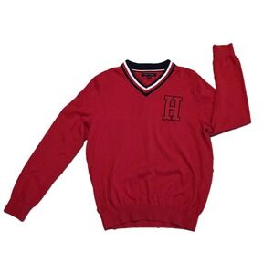Tommy Hilfiger Men's Red V Neck Sweater Large H Applique Sporty Casual